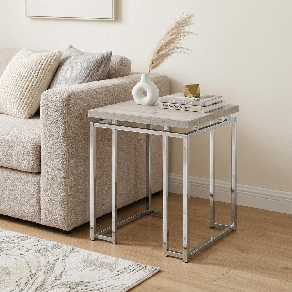 Chrome and Natural Oak Manufactured Wood and Metal Square End Table - 24-inch