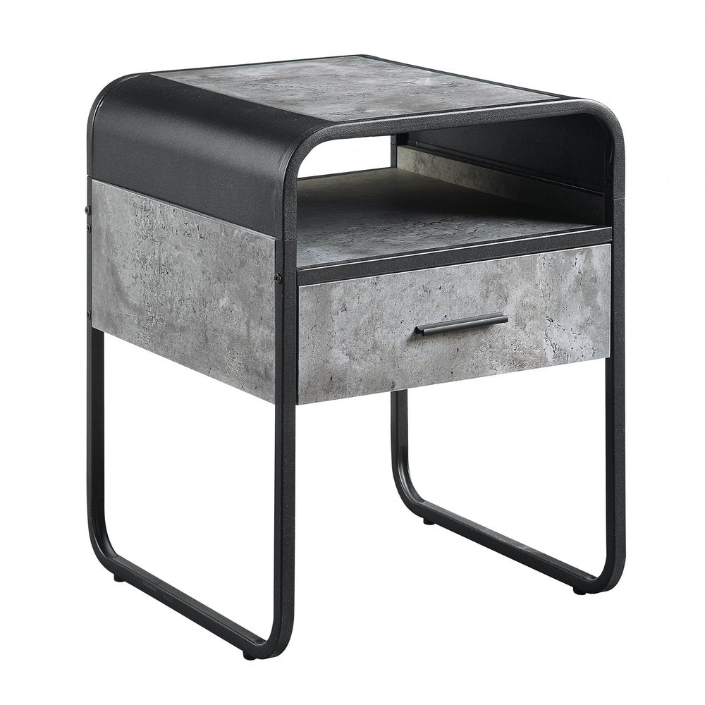 Black and Gray Wood and Metal Square End Table with Drawer and Shelf - 22-inch