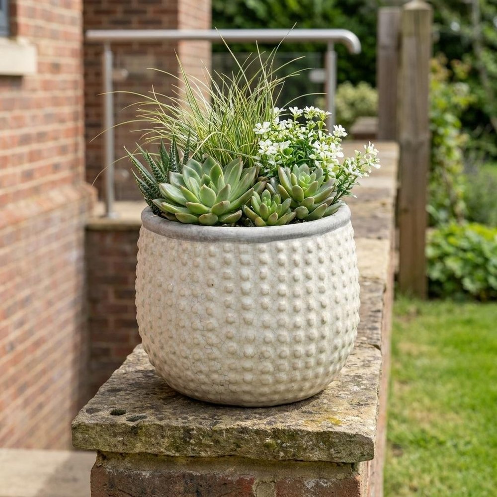 Beige Dot Ceramic Indoor Outdoor Round Pot Planter - 6-inch
