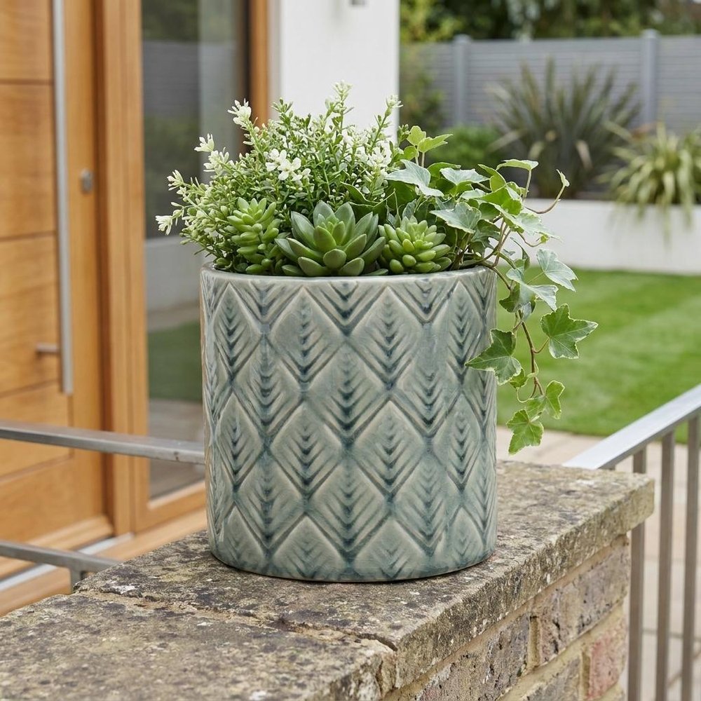 Green Geometric Ceramic Indoor Outdoor Round Pot Planter - 6-inch