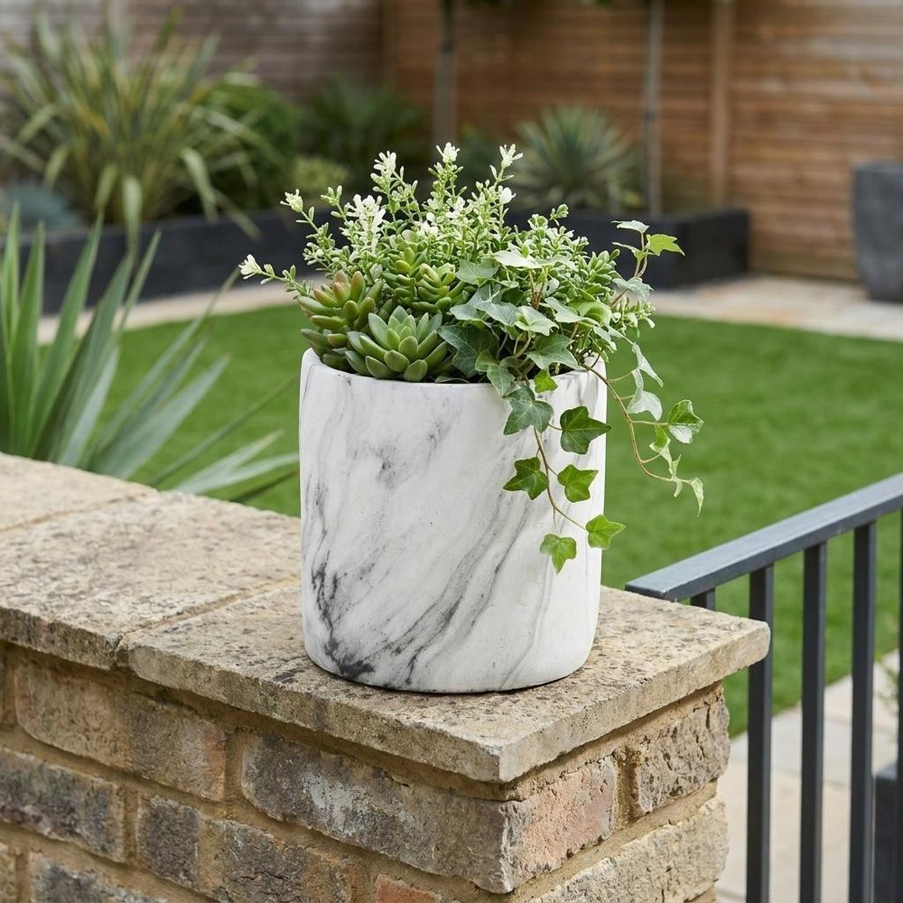White and Gray Marbleized Ceramic Indoor Outdoor Round Pot Planter - 6-inch