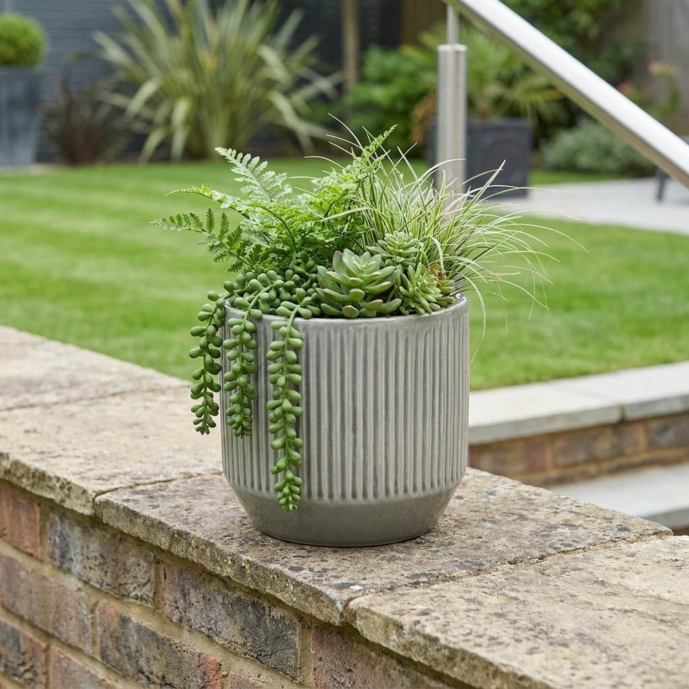 Gray Striped Ceramic Indoor Outdoor Round Pot Planter - 6-inch