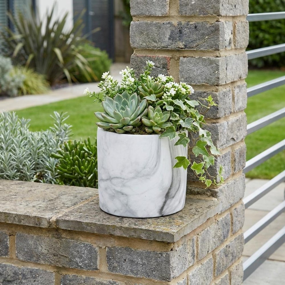 White and Gray Marbleized Ceramic Indoor Outdoor Round Pot Planter - 6-inch