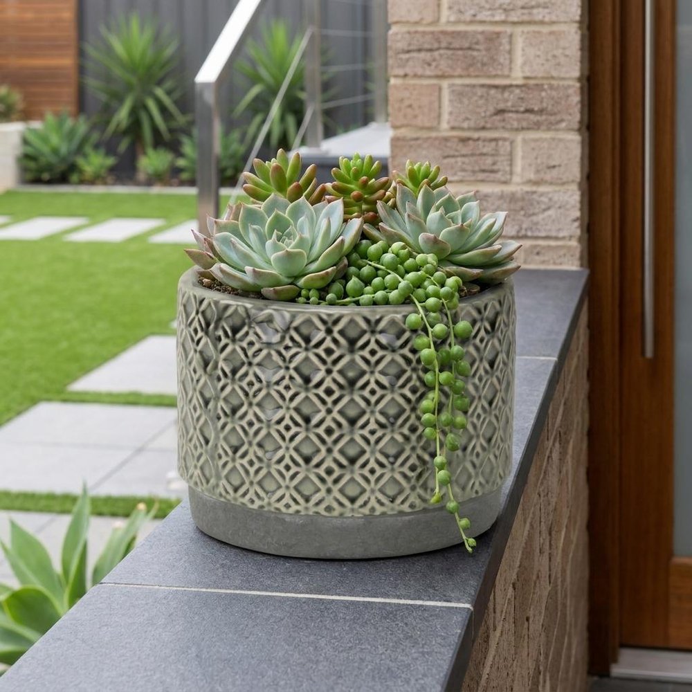 Gray Geometric Ceramic Indoor Outdoor Round Pot Planter - 7-inch