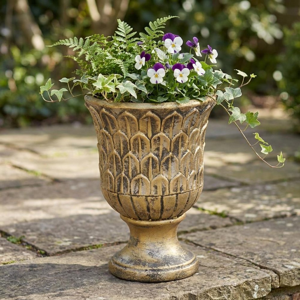 Antiqued Brass Textural Tone On Tone Cement Indoor Outdoor Round Urn Planter