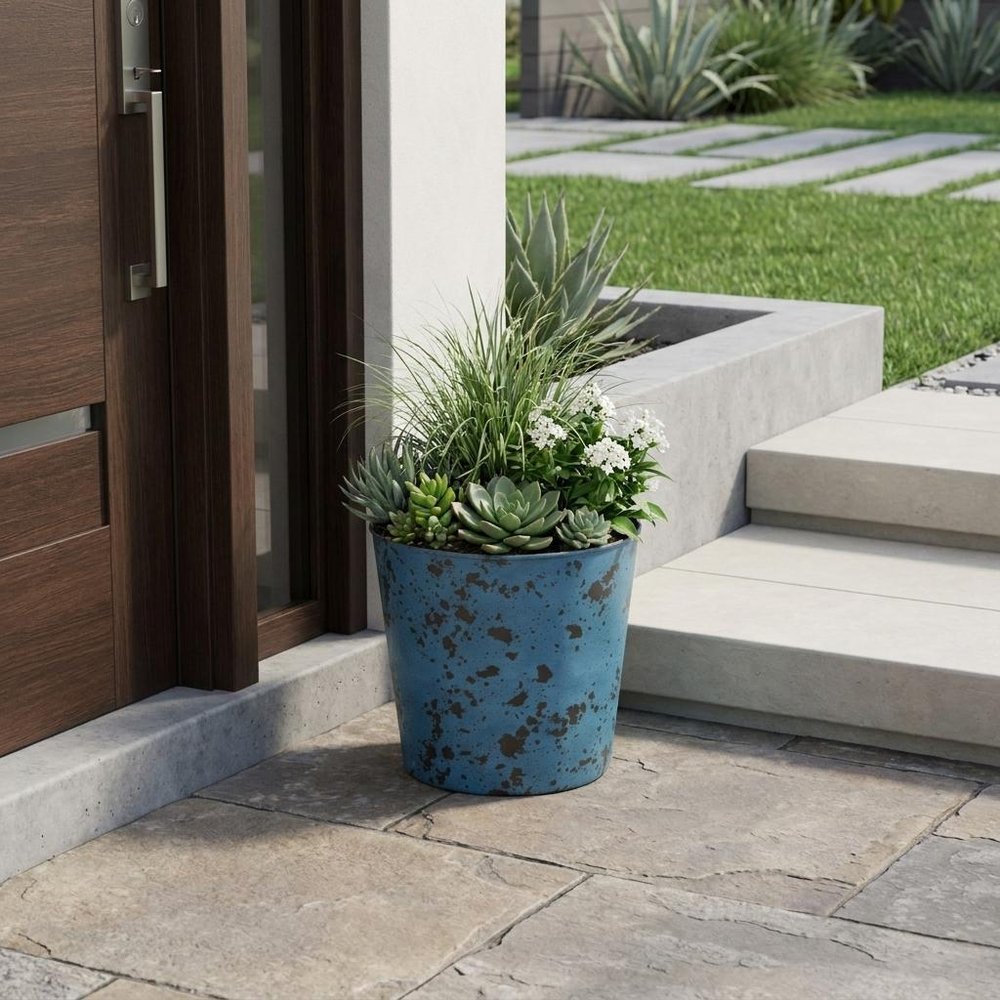 Blue Recycled Plastic Indoor Outdoor Round Pot Planter - 11-inch