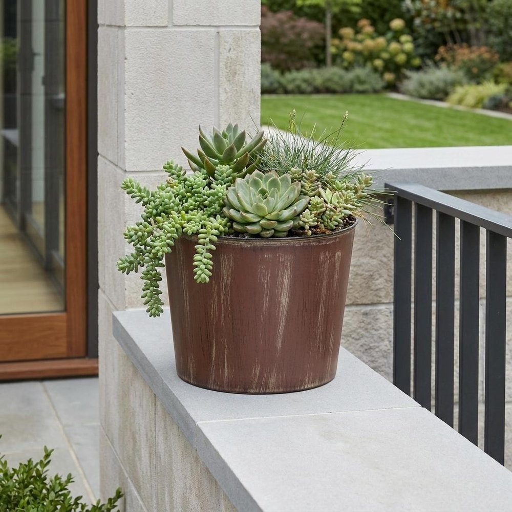 Brown and Ivory Textural Tone On Tone Recycled Plastic Indoor Outdoor Round Pot Planter