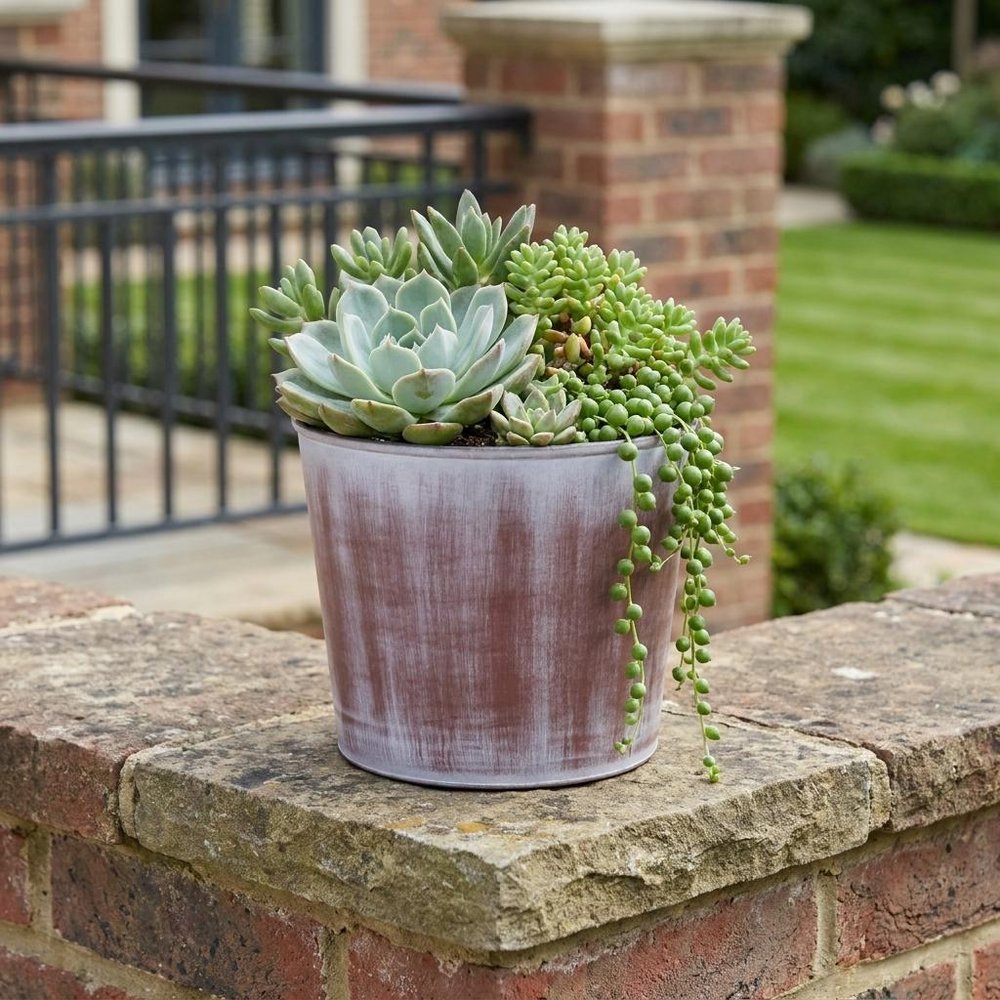 Brown and Ivory Textural Tone On Tone Recycled Plastic Indoor Outdoor Round Pot Planter