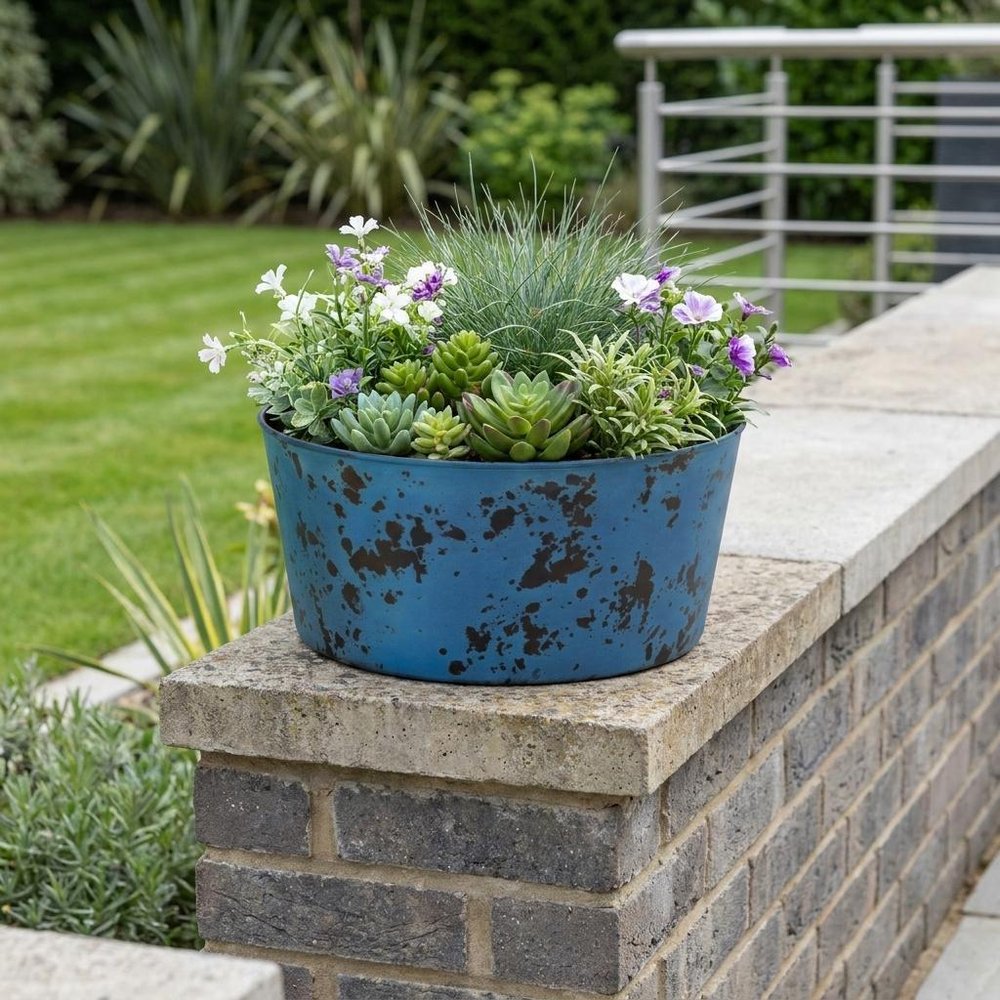 Blue Recycled Plastic Indoor Outdoor Round Pot Planter - 12-inch