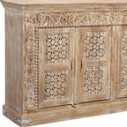 Antiqued White Distressed Solid Wood Carved Floral Sideboard with Four Doors