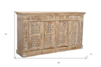Antiqued White Distressed Solid Wood Carved Floral Sideboard with Four Doors