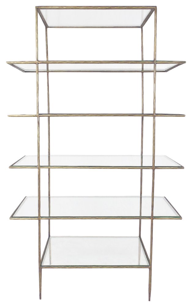 Antiqued Gold and Clear Iron and Glass Five Tier Etagere Bookcase - 59-inch