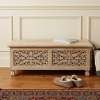 Antique White Solid Carved Wood Scroll Bench with Flip Top - 46-inch