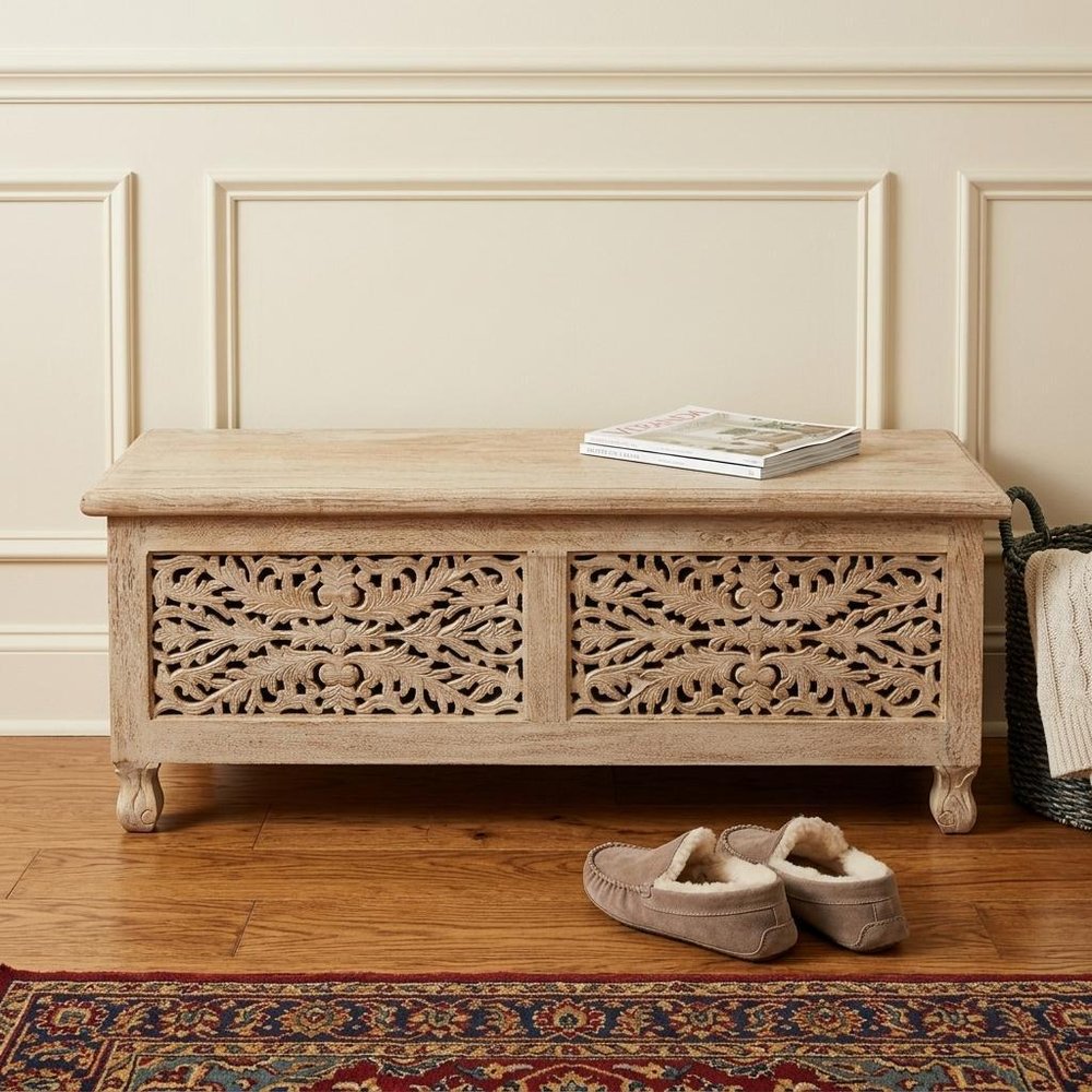 Antique White Solid Carved Wood Scroll Bench with Flip Top - 46-inch
