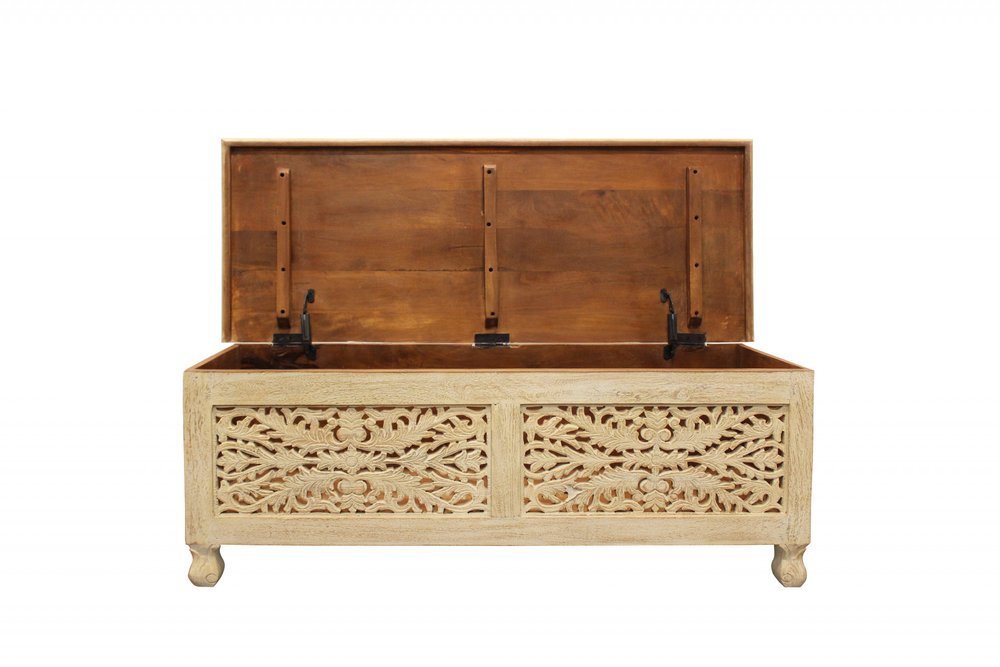 Antique White Solid Carved Wood Scroll Bench with Flip Top - 46-inch