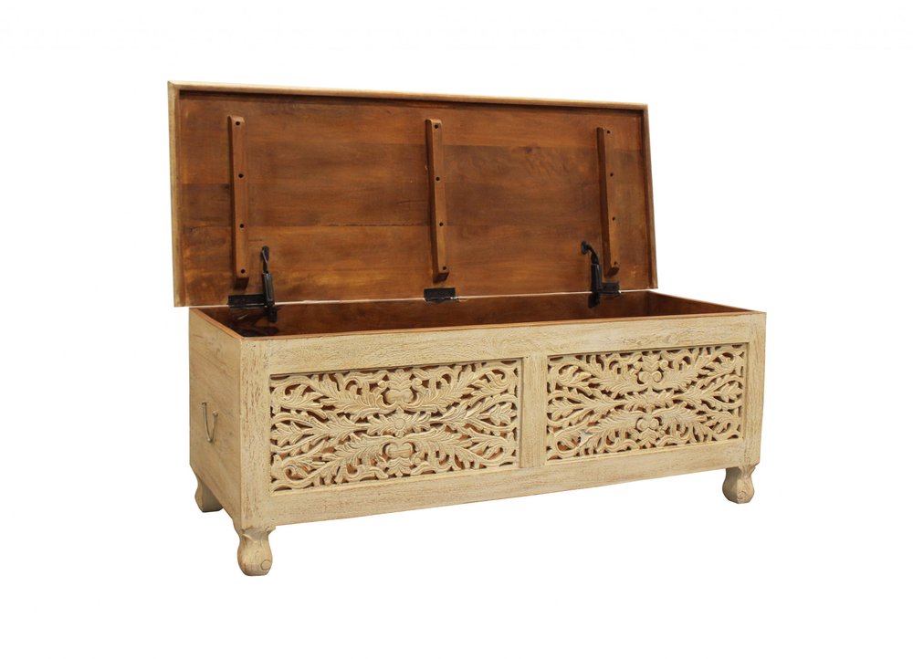 Antique White Solid Carved Wood Scroll Bench with Flip Top - 46-inch