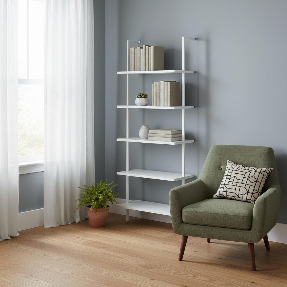 White Metal Five Tier Bookcase - 72-inch