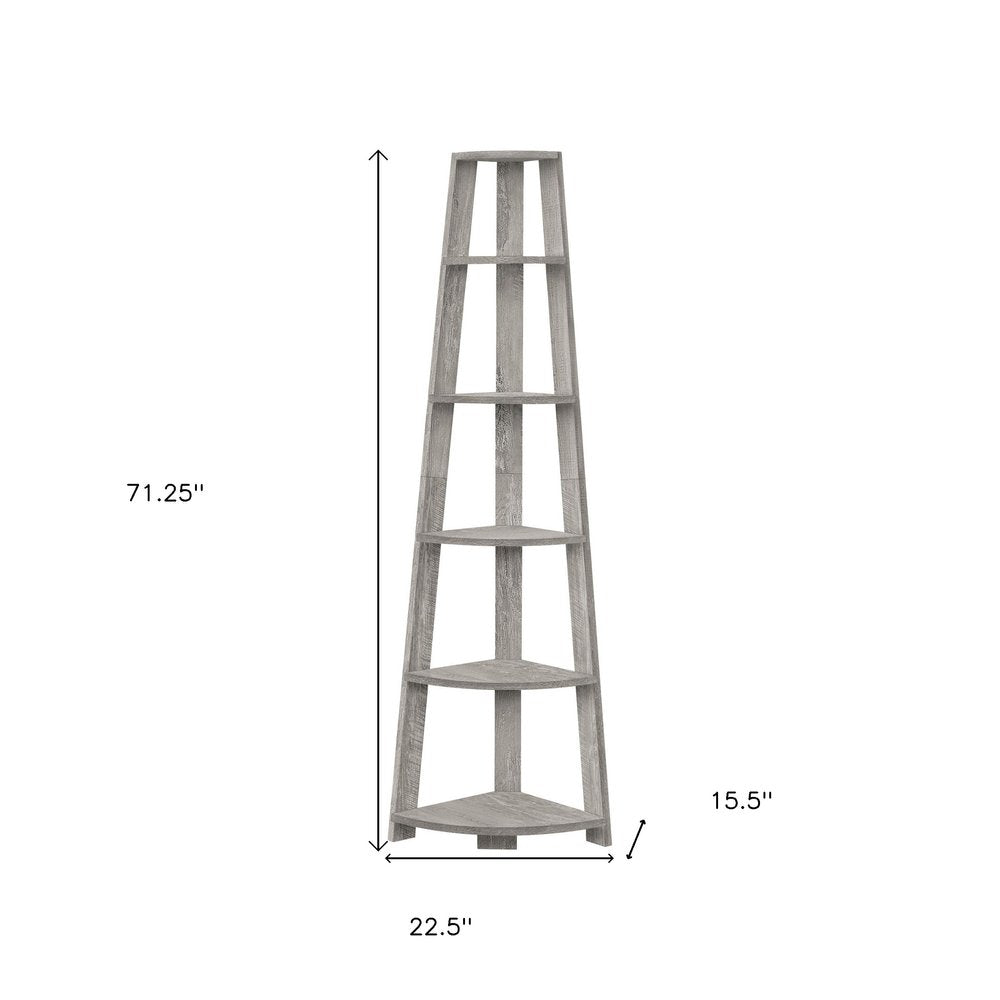 Gray Particle Board and Wood Five Tier Corner Bookcase - 71-inch