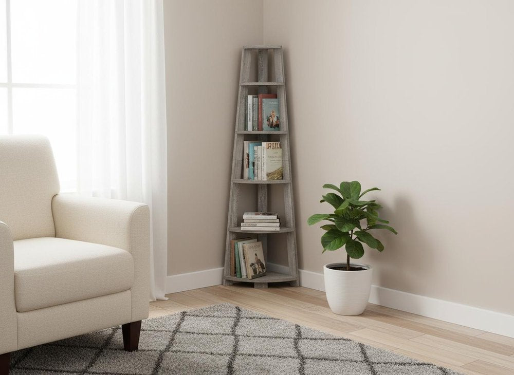 Gray Particle Board and Wood Five Tier Corner Bookcase - 71-inch