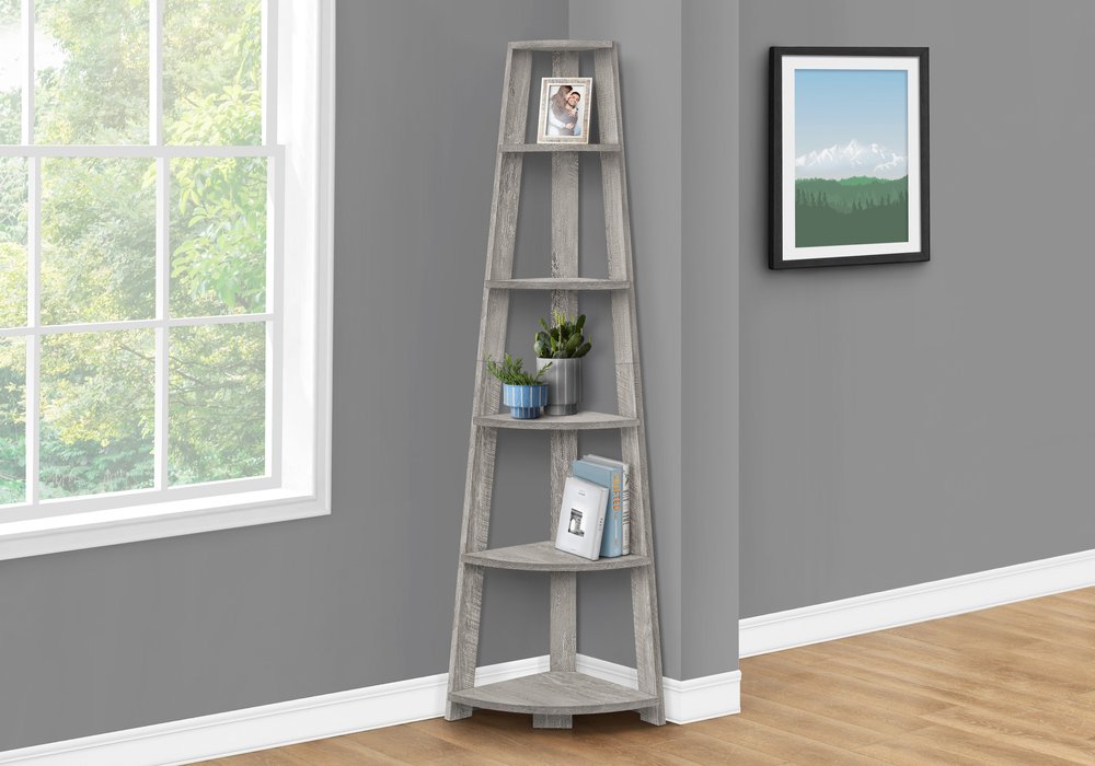 Gray Particle Board and Wood Five Tier Corner Bookcase - 71-inch