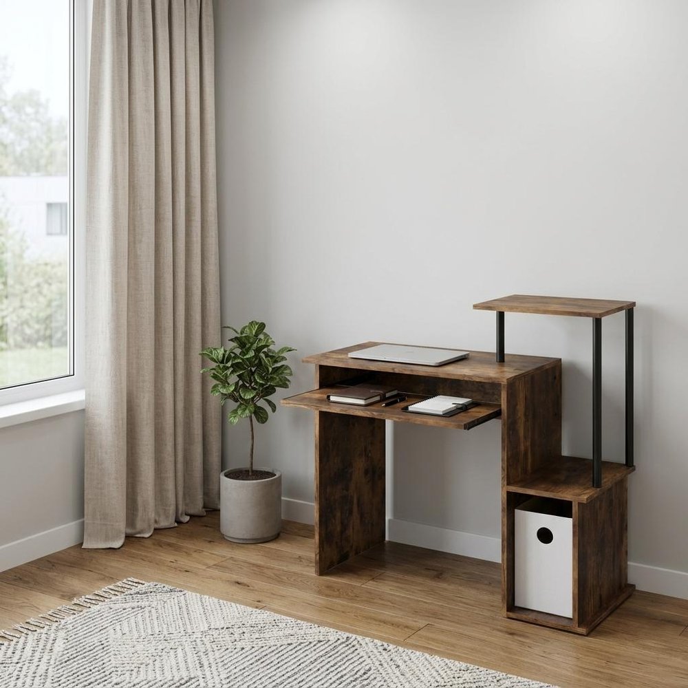 Oak and Black Wood and Metal Computer Desk - 37-inch