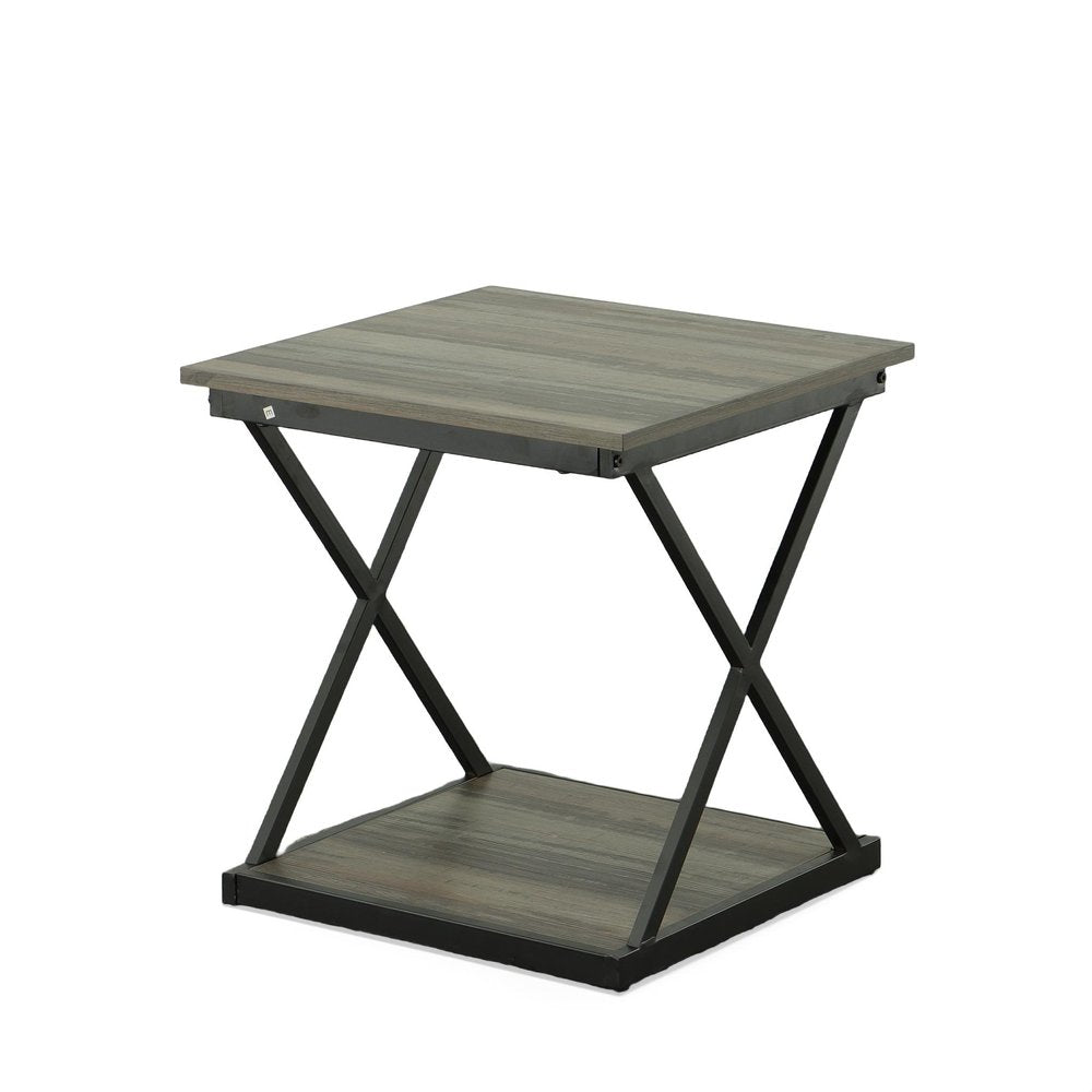 Gray and Black Wood and Iron Square Frame End Table with Shelf - 20-inch