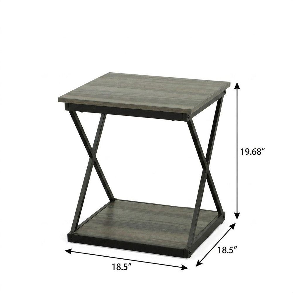 Gray and Black Wood and Iron Square Frame End Table with Shelf - 20-inch