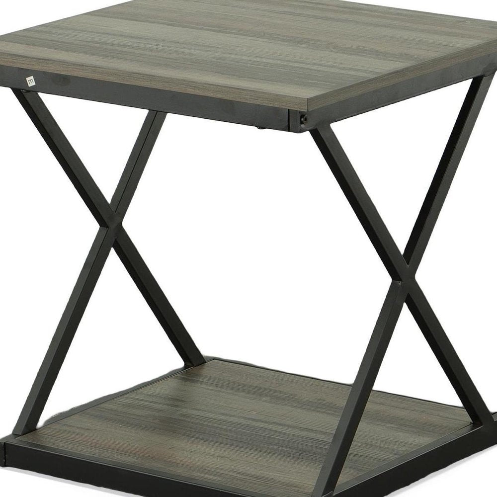Gray and Black Wood and Iron Square Frame End Table with Shelf - 20-inch