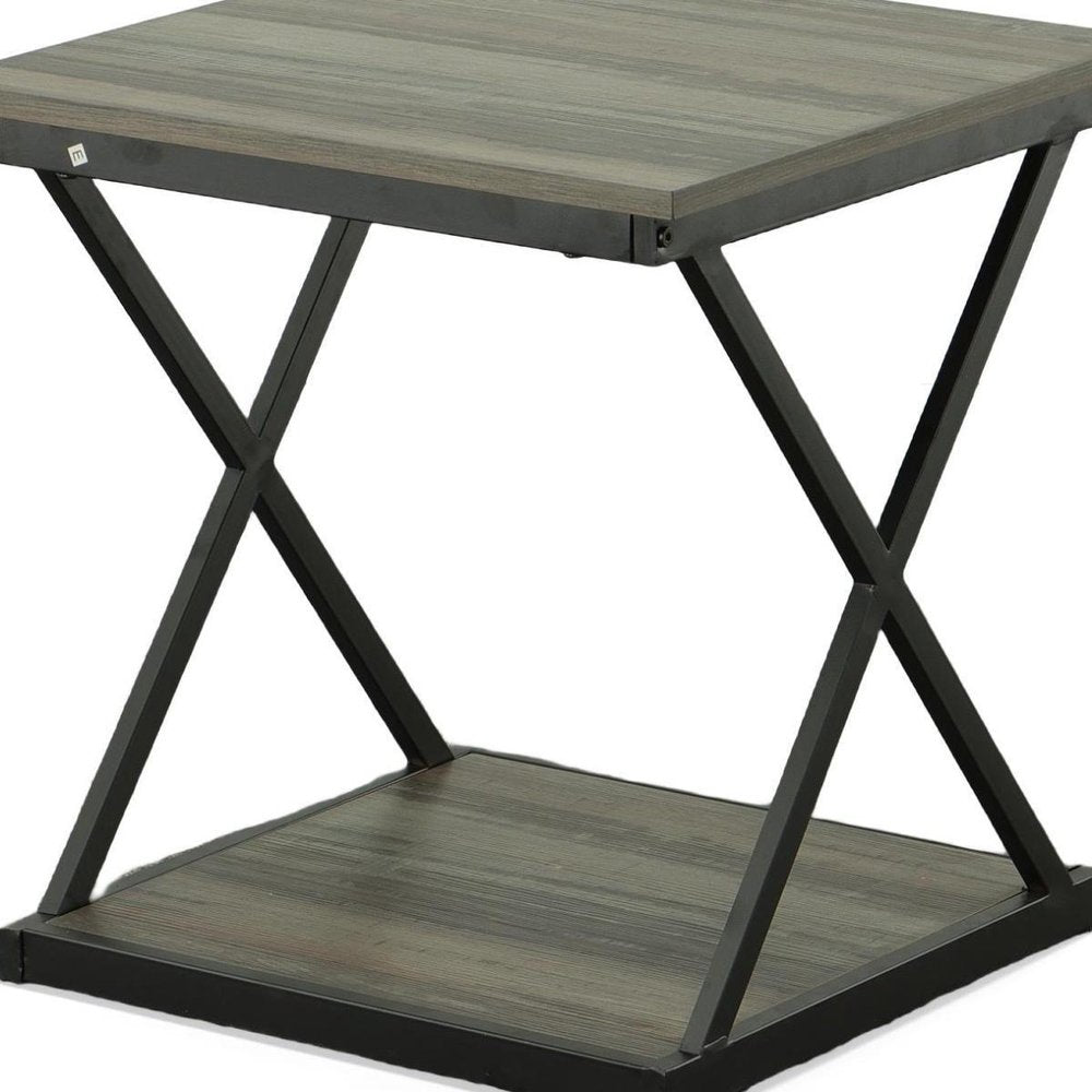 Gray and Black Wood and Iron Square Frame End Table with Shelf - 20-inch