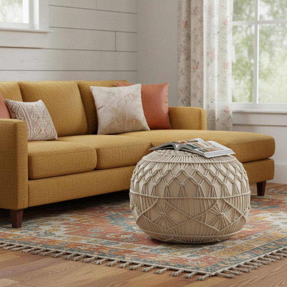 Cream Cotton Tufted Round Geometric Pouf Ottoman - 20-inch