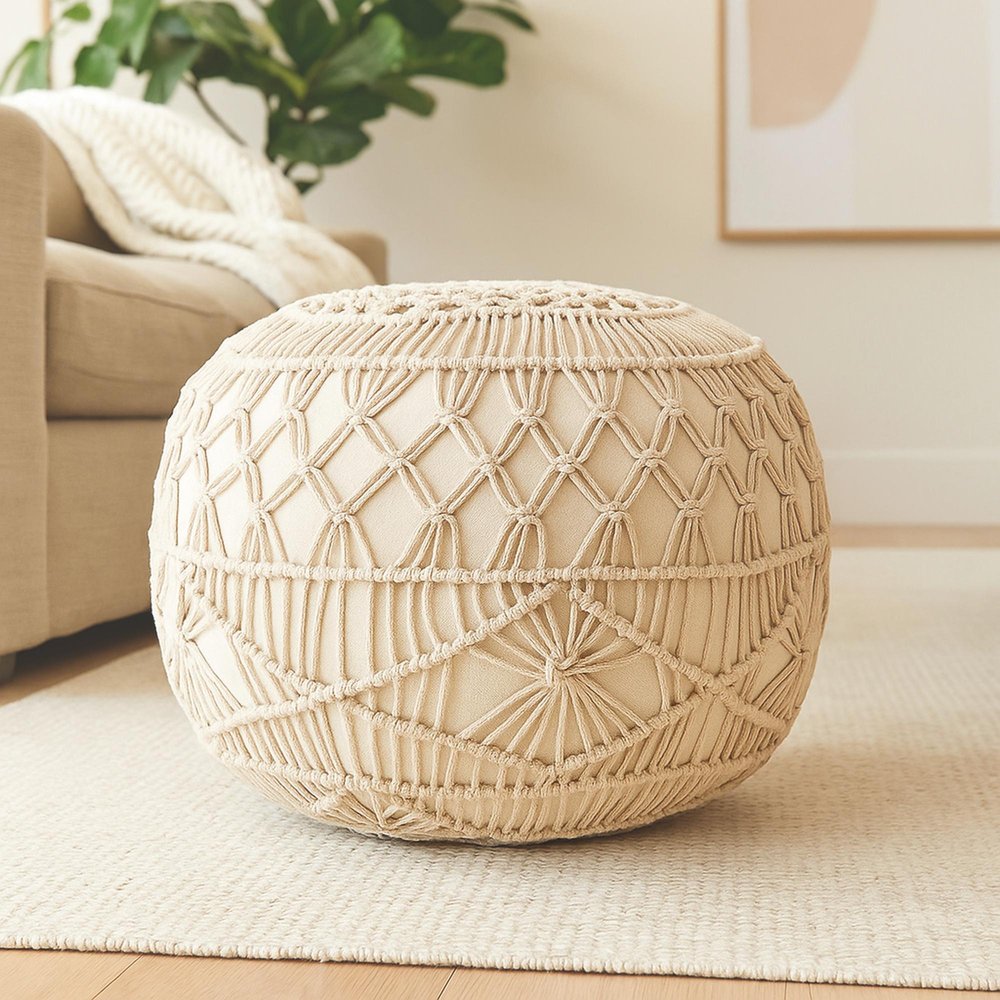 Cream Cotton Tufted Round Geometric Pouf Ottoman - 20-inch
