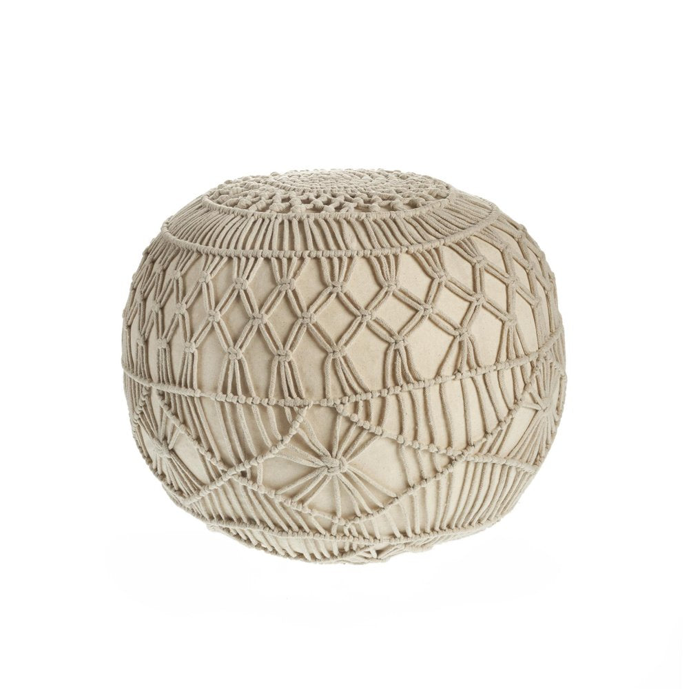 Cream Cotton Tufted Round Geometric Pouf Ottoman - 20-inch