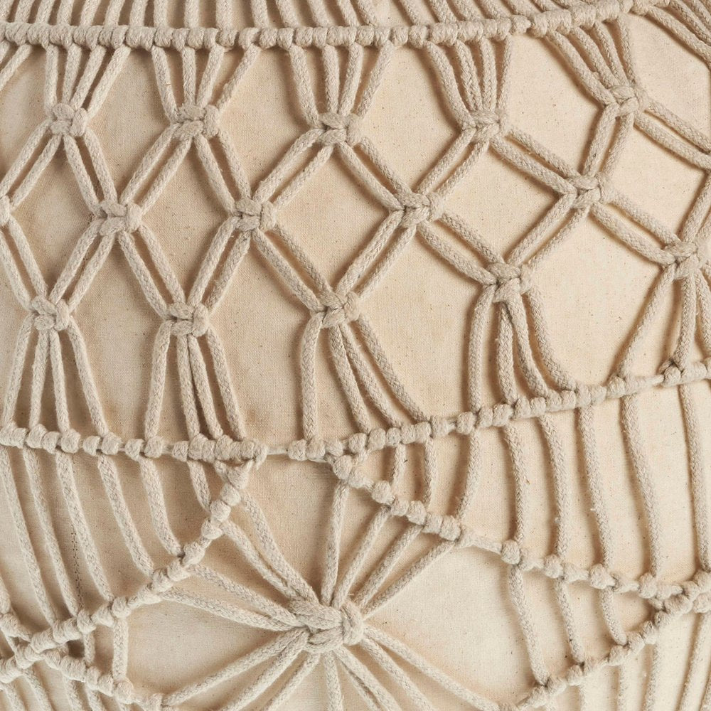 Cream Cotton Tufted Round Geometric Pouf Ottoman - 20-inch