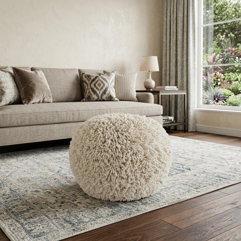 Cream Cotton Tufted Geometric Round Pouf Ottoman - 20-inch
