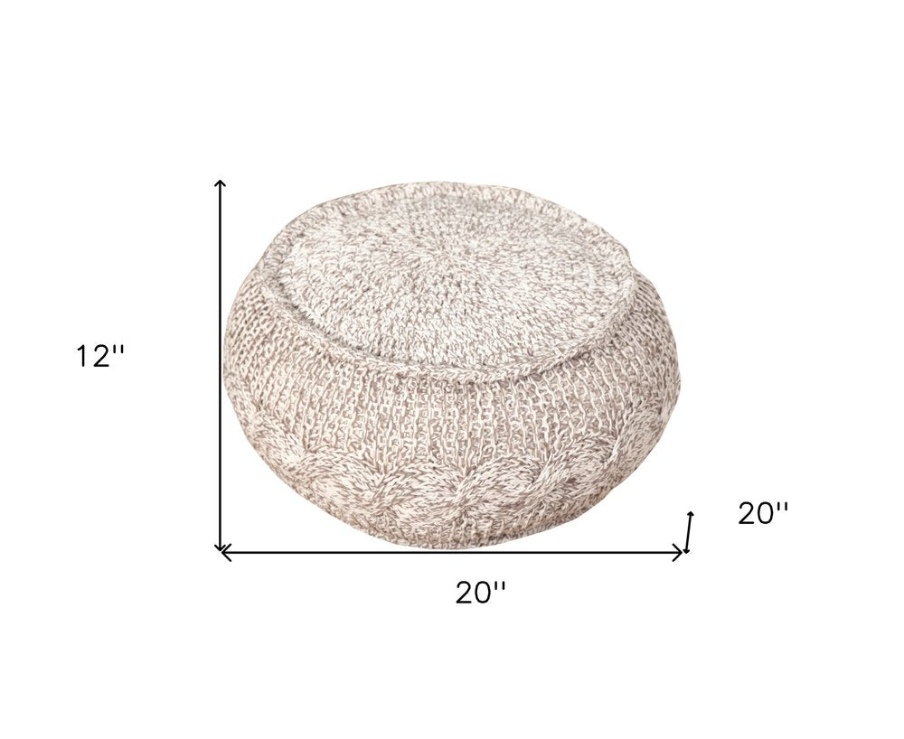 Beige Cotton Geometric Round Pouf Ottoman - 20-inch