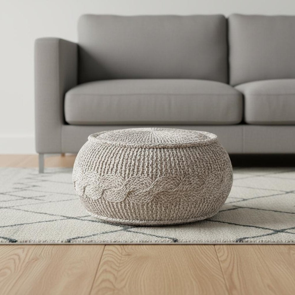 Beige Cotton Geometric Round Pouf Ottoman - 20-inch