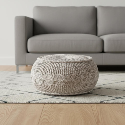 Beige Cotton Geometric Round Pouf Ottoman - 20-inch