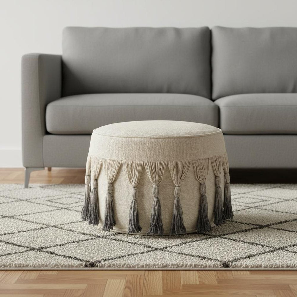 Beige Cotton Round Ombre Pouf Ottoman - 20-inch