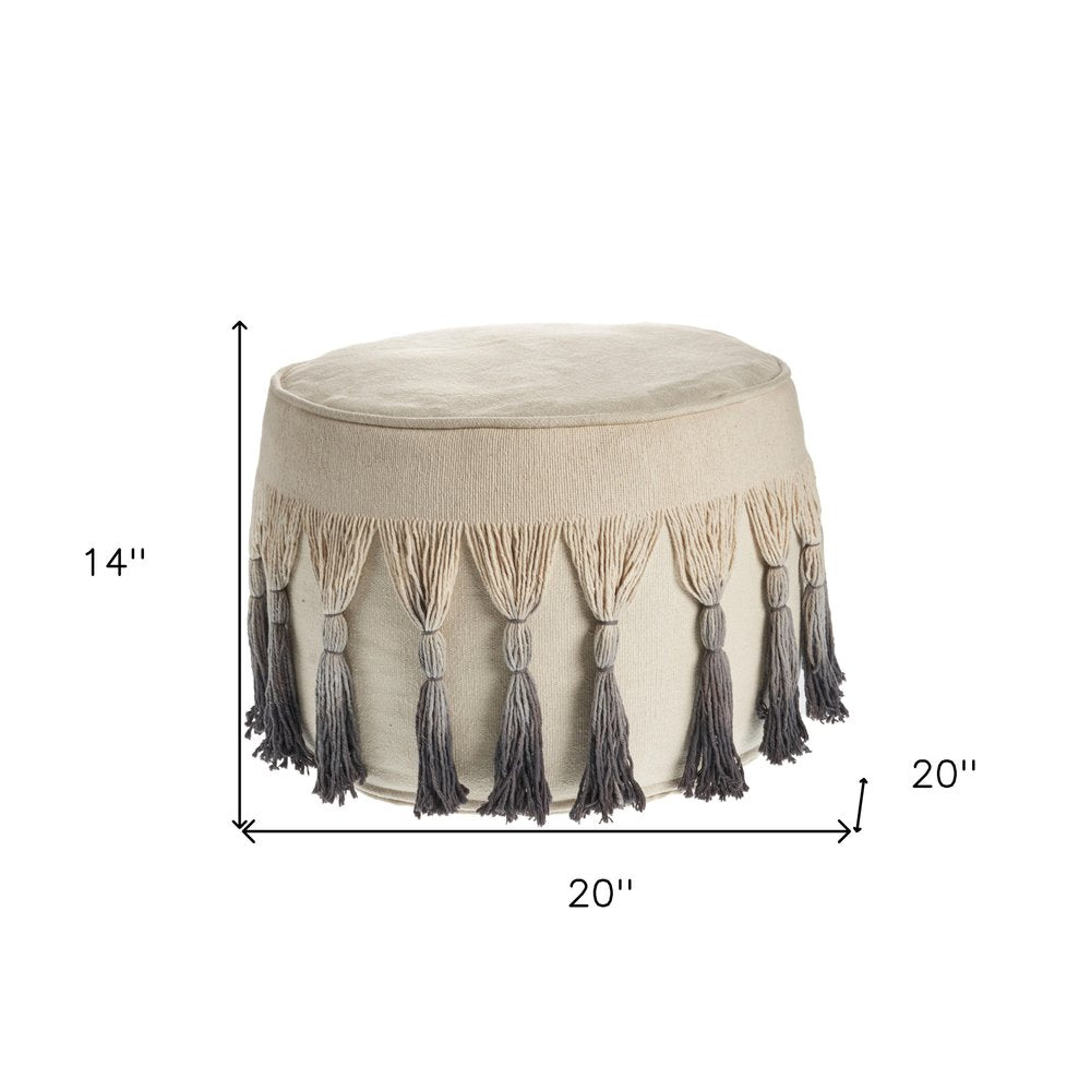 Beige Cotton Round Ombre Pouf Ottoman - 20-inch