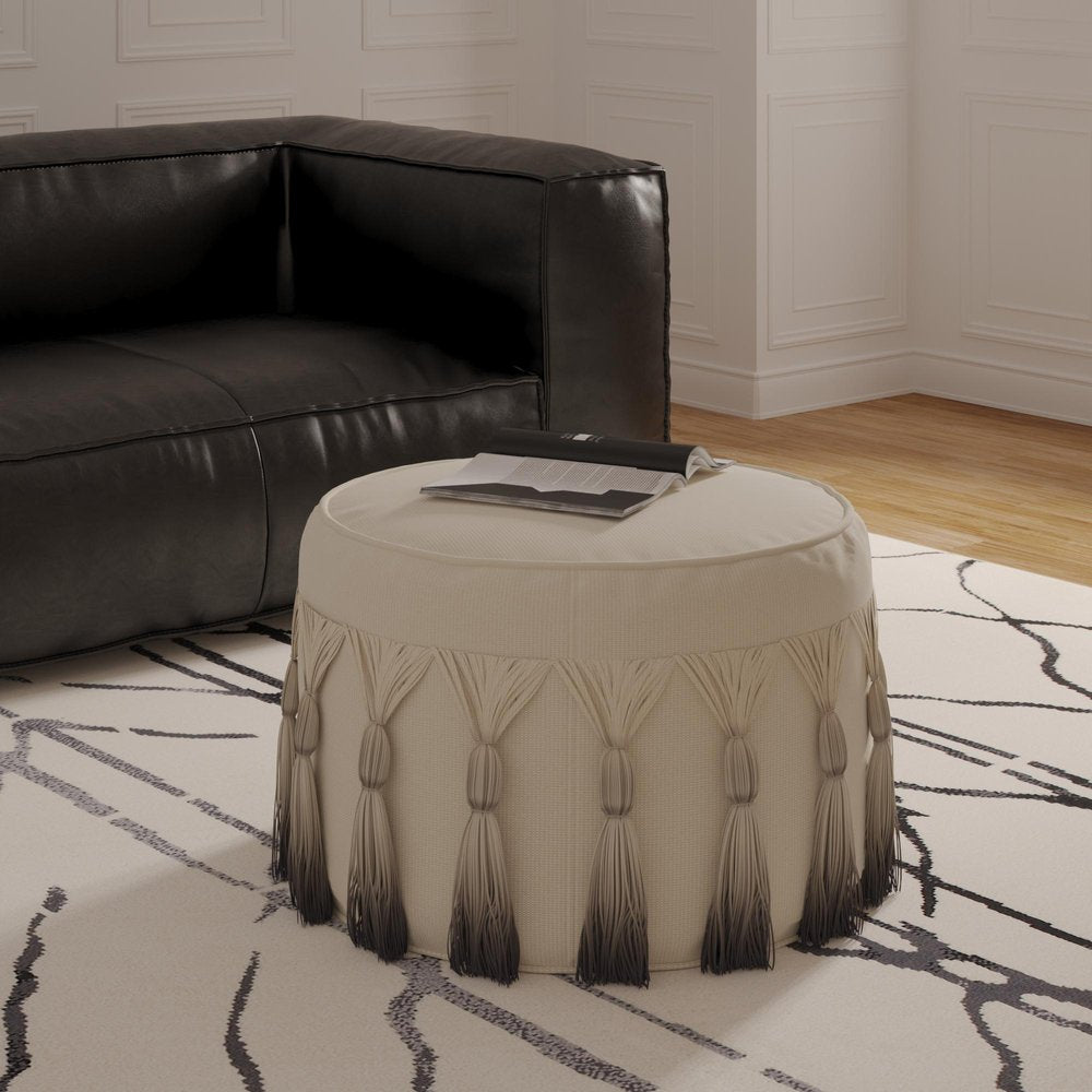 Beige Cotton Round Ombre Pouf Ottoman - 20-inch