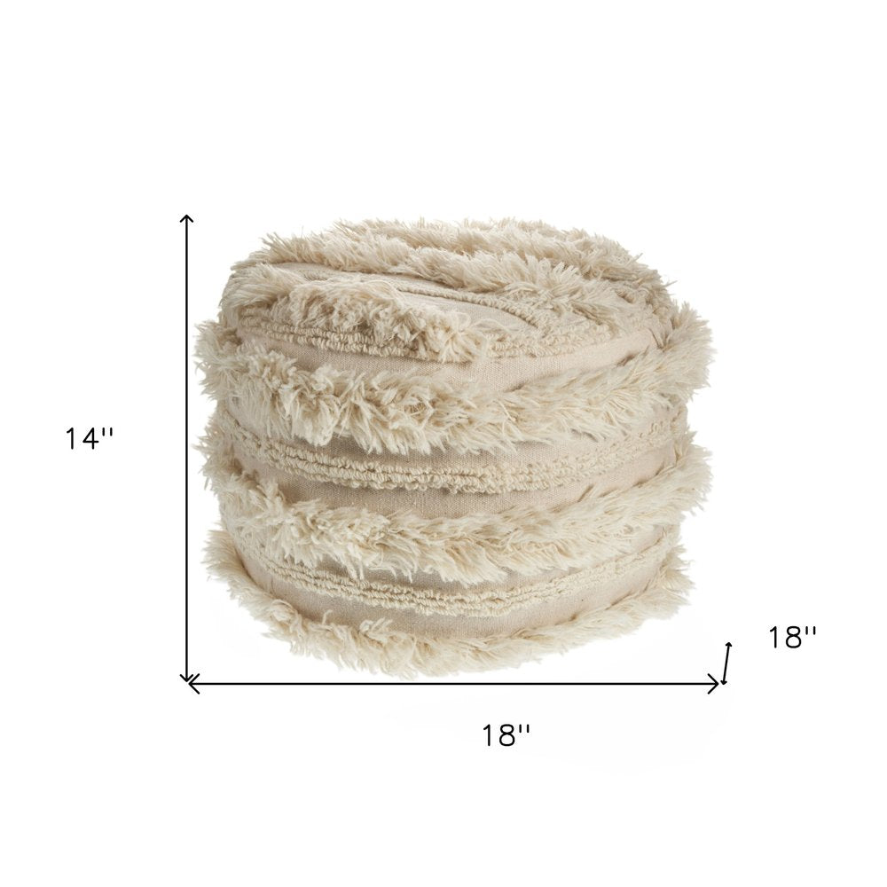 Ivory Cotton Striped Round Pouf Ottoman - 18-inch