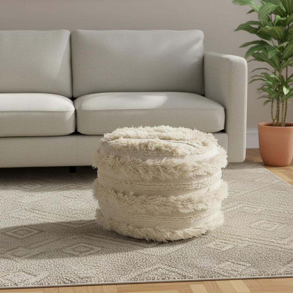 Ivory Cotton Striped Round Pouf Ottoman - 18-inch