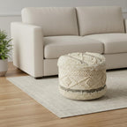 Cream Wool Cotton Blend Geometric Round Pouf Ottoman - 18-inch