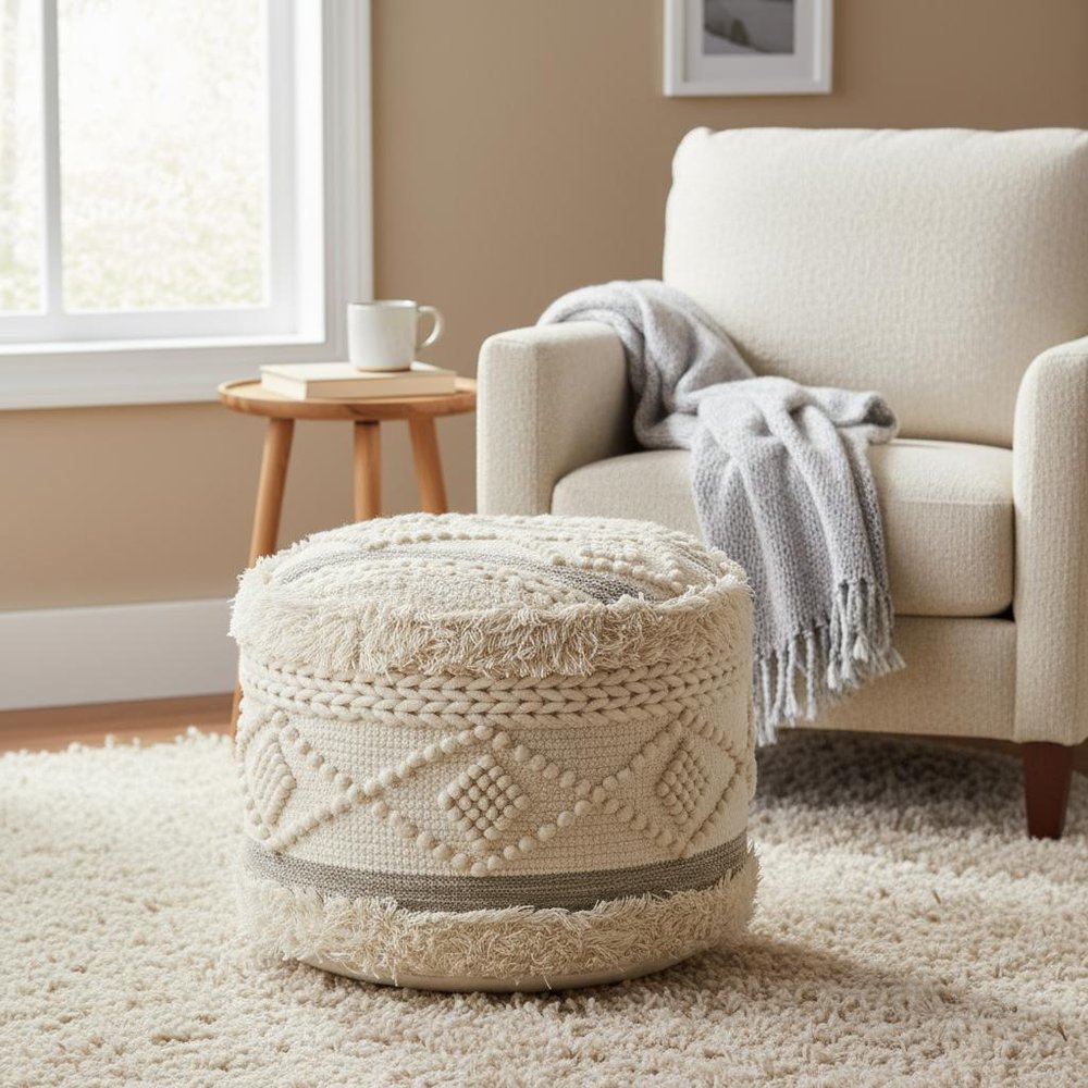 Cream Wool Cotton Blend Geometric Round Pouf Ottoman - 18-inch