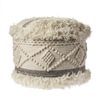 Cream Wool Cotton Blend Geometric Round Pouf Ottoman - 18-inch