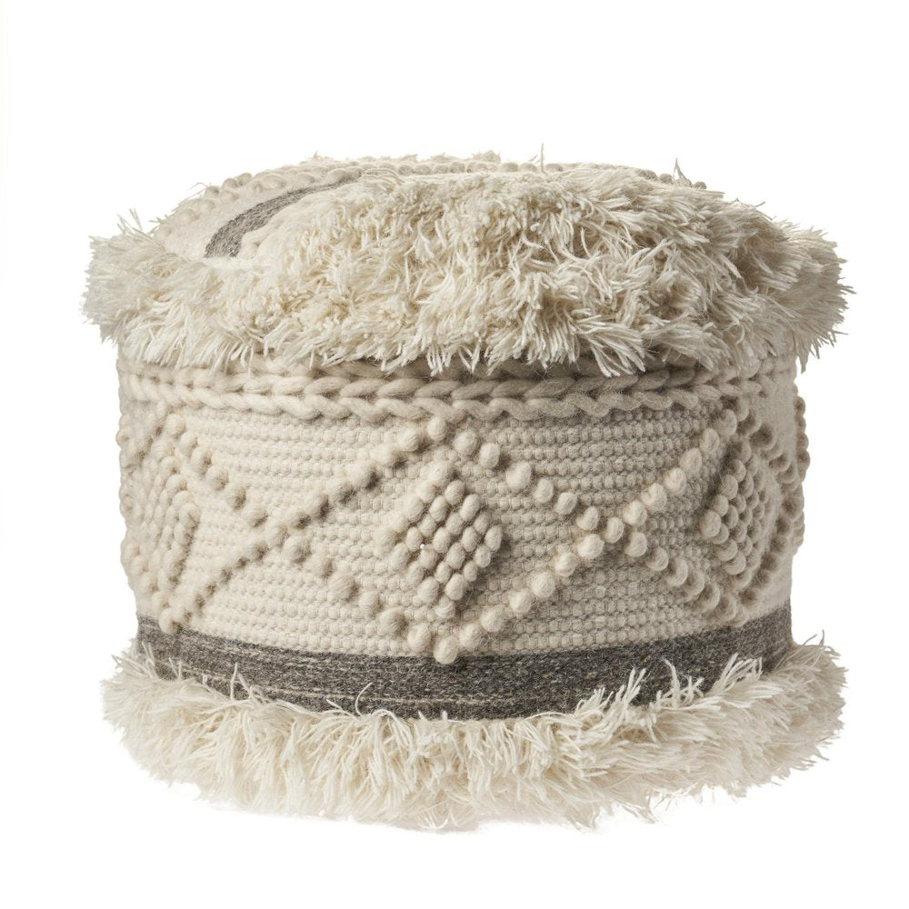 Cream Wool Cotton Blend Geometric Round Pouf Ottoman - 18-inch