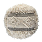Cream Wool Cotton Blend Geometric Round Pouf Ottoman - 18-inch