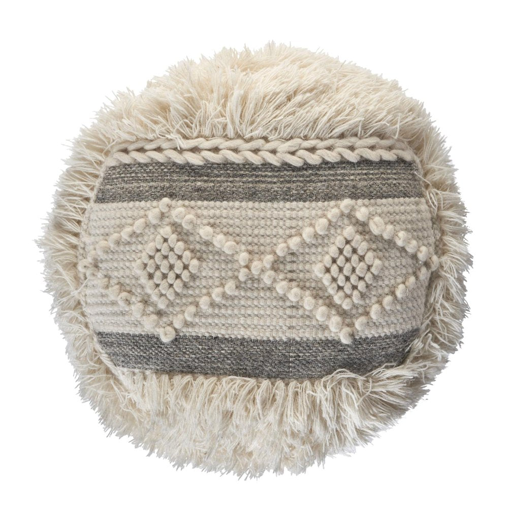 Cream Wool Cotton Blend Geometric Round Pouf Ottoman - 18-inch