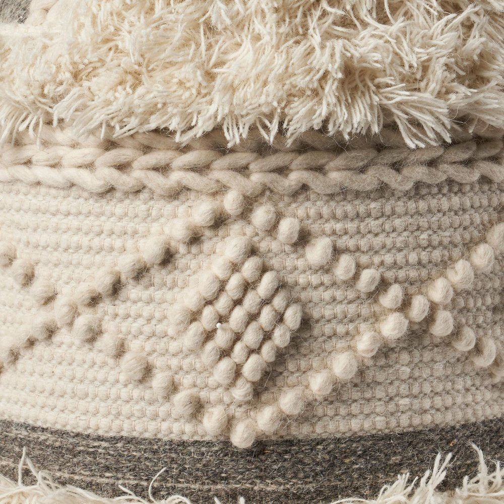 Cream Wool Cotton Blend Geometric Round Pouf Ottoman - 18-inch