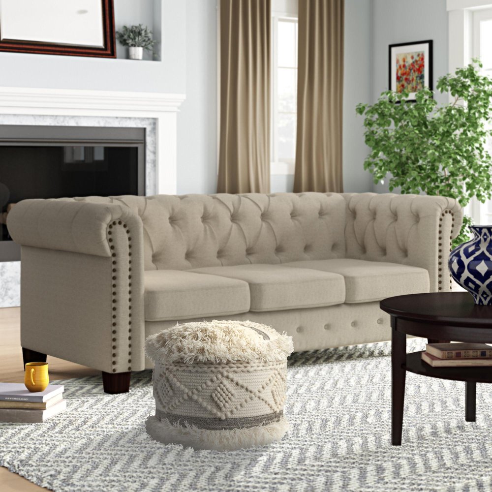 Cream Wool Cotton Blend Geometric Round Pouf Ottoman - 18-inch